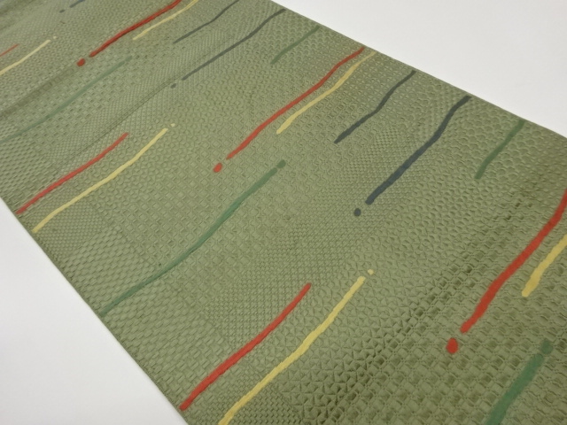 JAPANESE KIMONO / OBI / GEOMETRIC PATTERN WOVEN A HORIZONTAL ROW OF OD